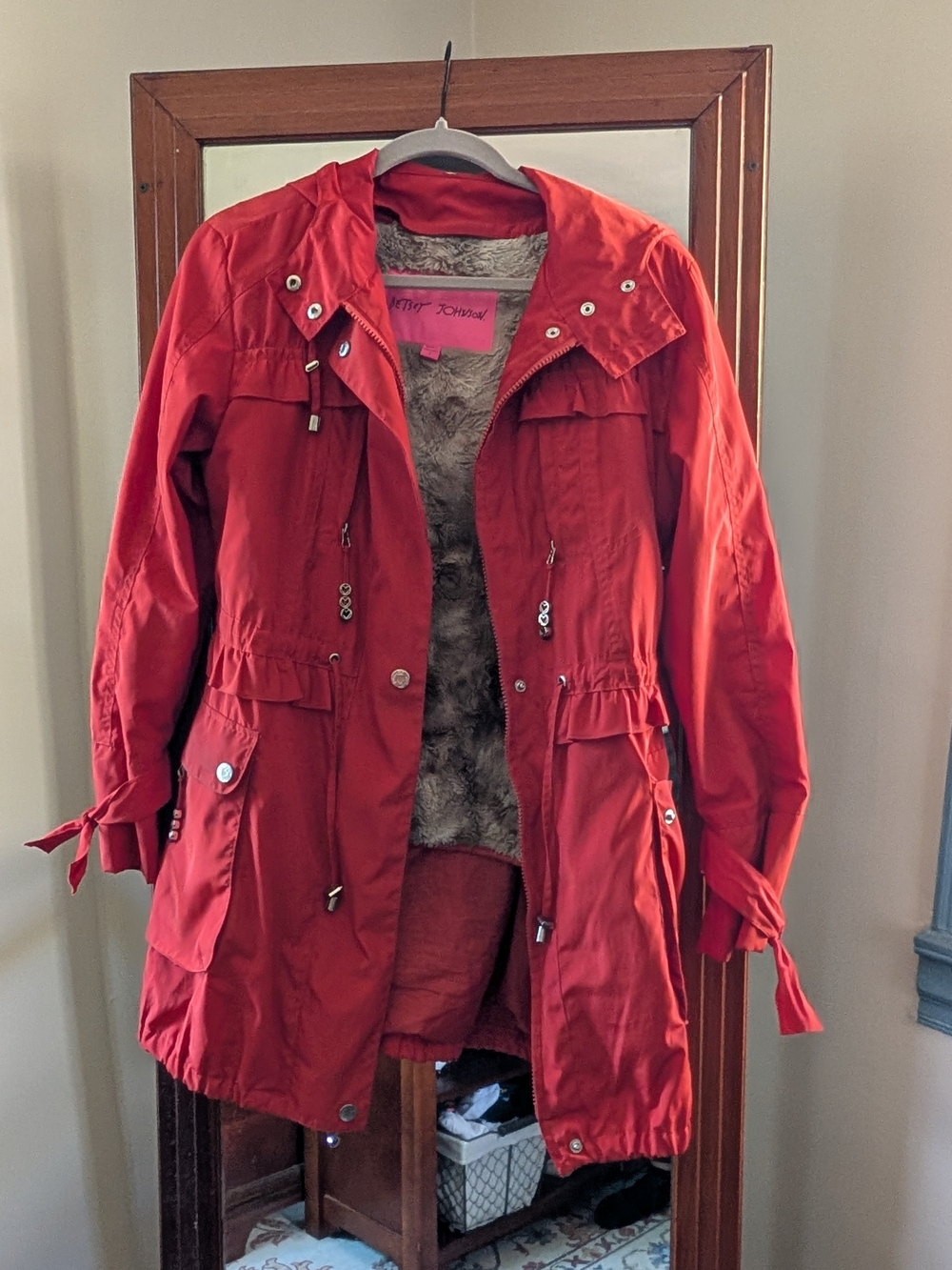 Orange Hooded Rain Jacket with Removable Fur Lining